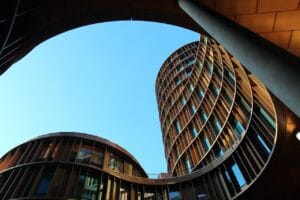 architecture, tower, building, red brown, low angle shot, blue, sky, construction, perspective, site, modern, blue sky, construction art, facade, glass, round, build, house, design, contemporary architecture, nature, modern architecture